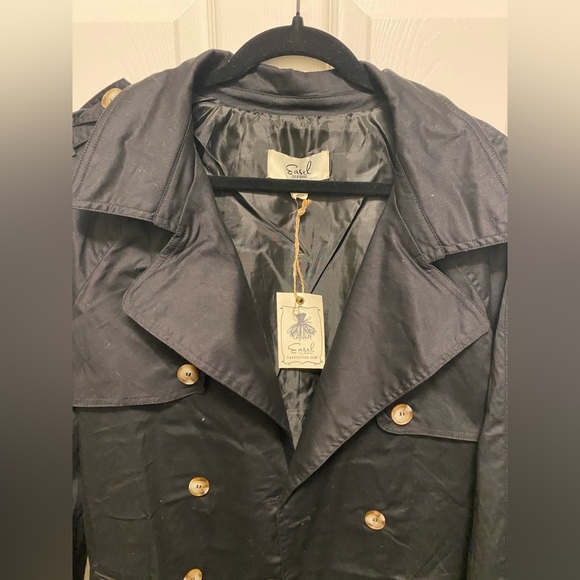 459. Easel Trench Coat Women's Black Oversized Buckle Belt Button Long Sleeve - Picture 4 of 4